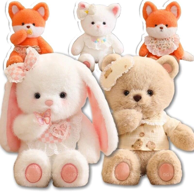 Fluffy Plush White Teddy Brown Bear White Baby Bunny Fox With Bib Dress Cute Yummy Stuffed Animals Cuddly Hug toys for Kids - Brand My Case