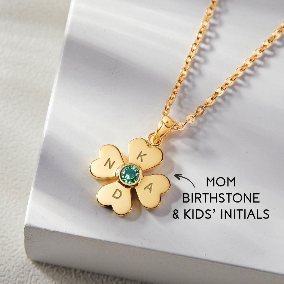 Four Leaf Clover Necklace, Kids Initials Necklace, Mother Necklace - Brand My Case