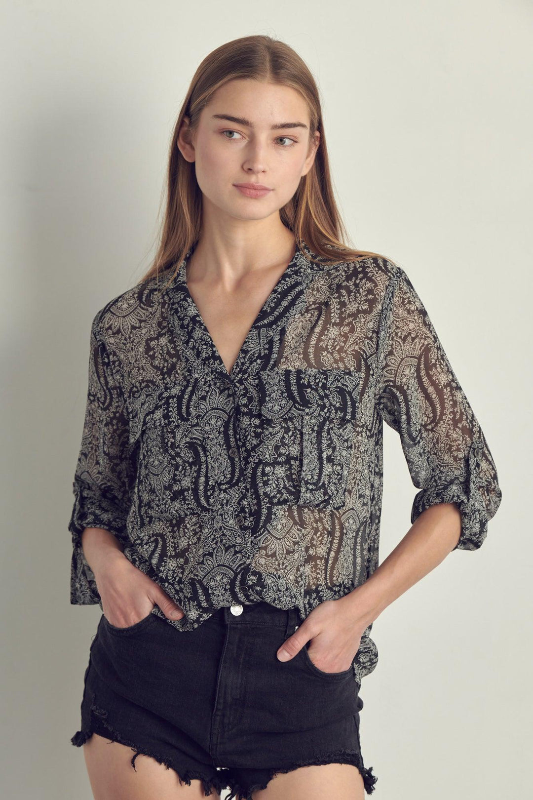 Front pocket roll up sleeve chiffon blouse - Brand My Case