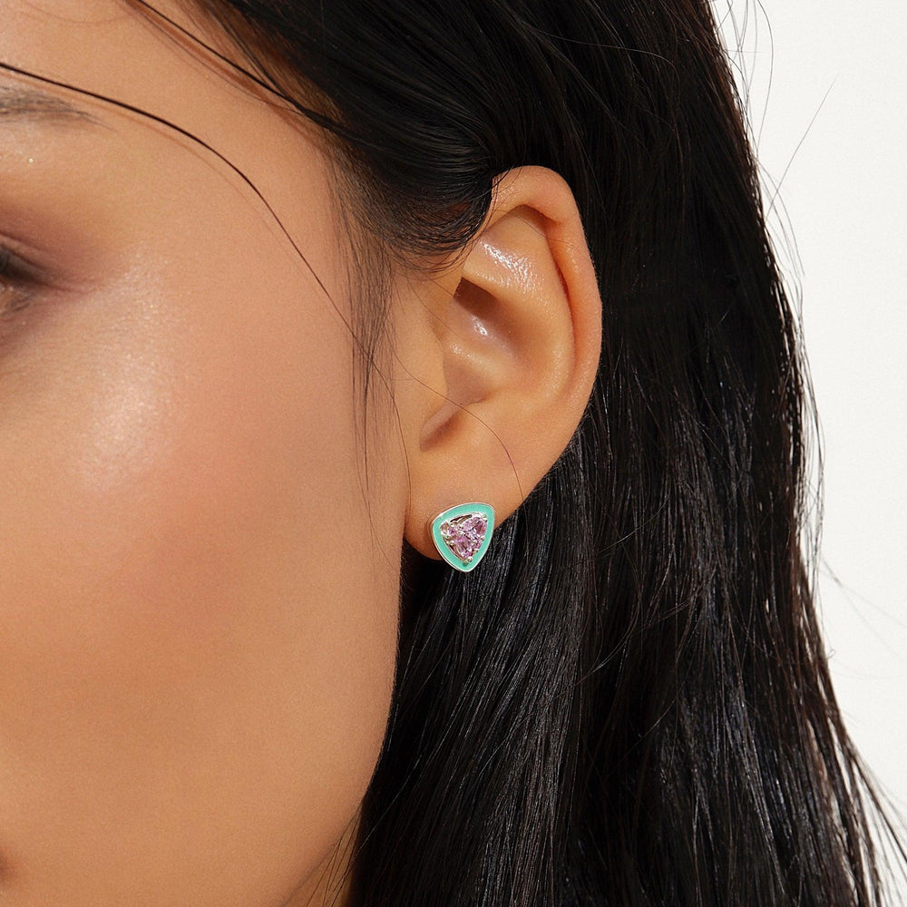 Green Enamel Stud Earrings, Pink Stone Earrings, Women Jewelry - Brand My Case