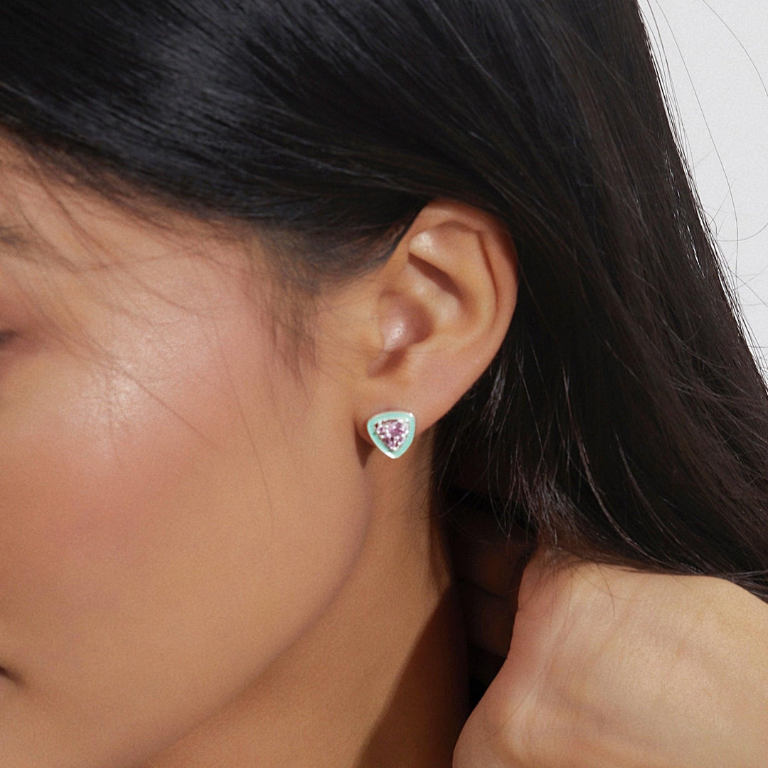 Green Enamel Stud Earrings, Pink Stone Earrings, Women Jewelry - Brand My Case