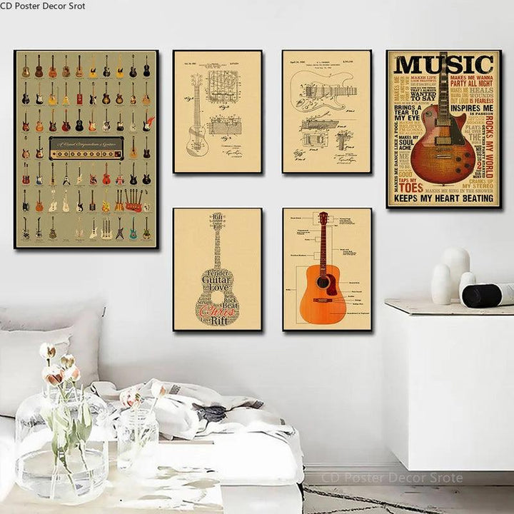Guitar Collection Poster Prints Kraft Paper Posters DIY Vintage Home Room Bar Cafe Music Club Decor Aesthetic Art Wall Painting - Brand My Case