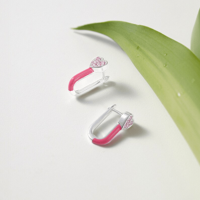 Heart Earrings, Pink Enamel Earrings, Dainty Hoops Huggies Earrings - Brand My Case