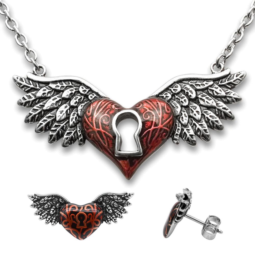 Heart Necklace & Earrings Set Red Winged Heart with Keyhole - Brand My Case
