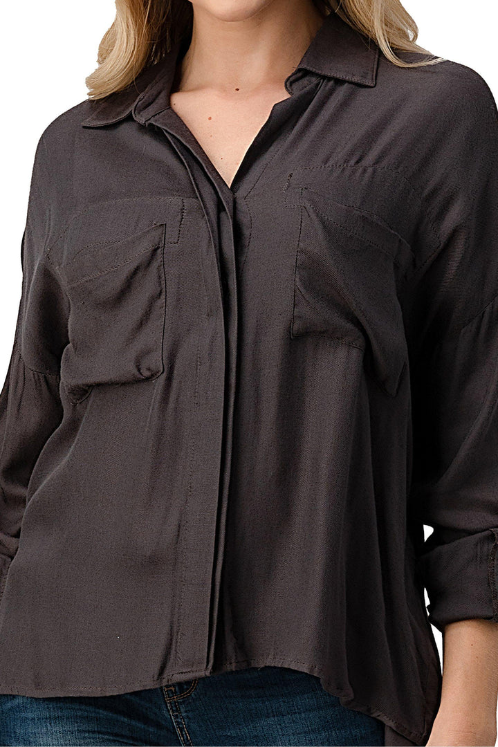 High-Low Hem And Rolled Up Sleeves Shirts Top - Brand My Case