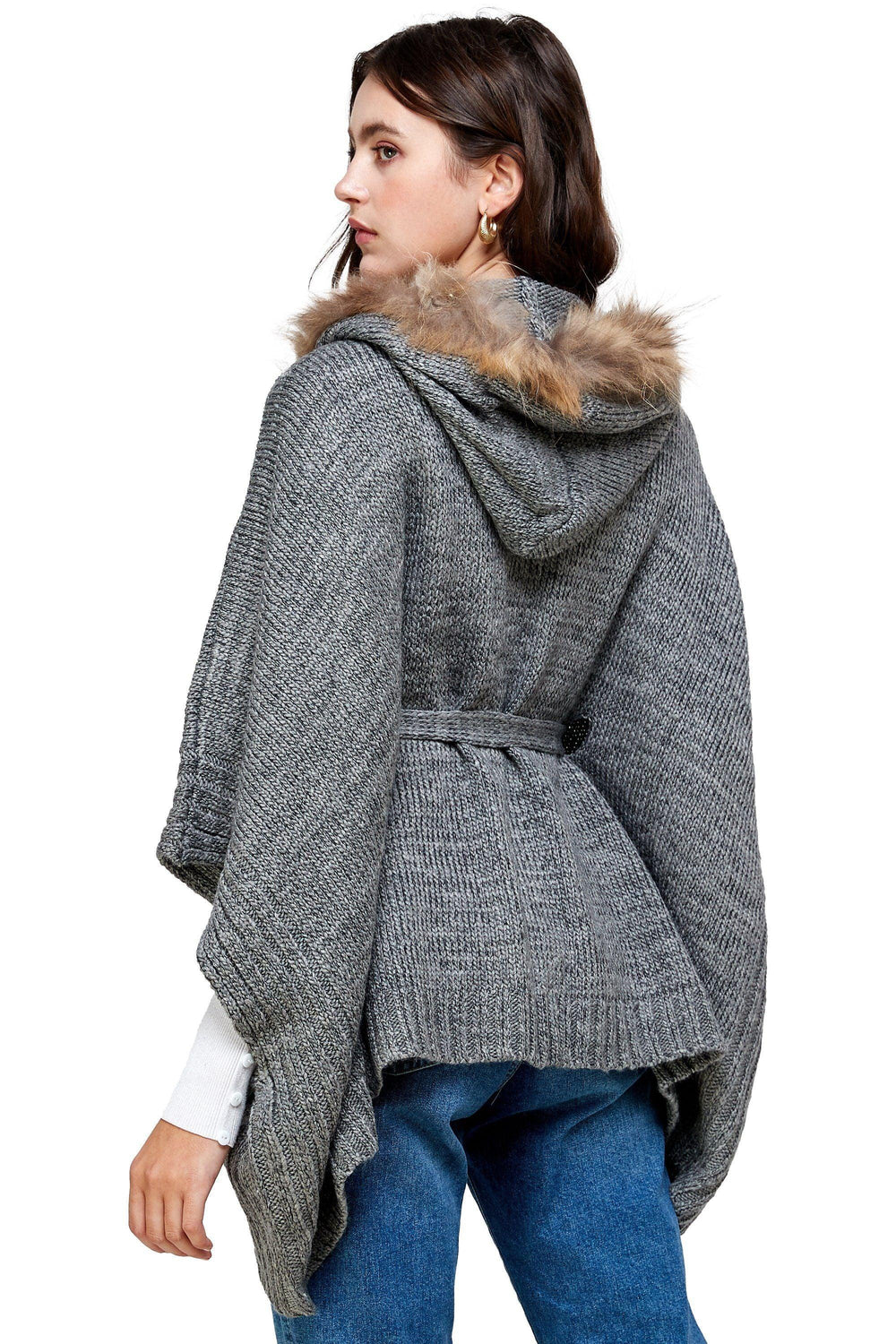 Hoodie Poncho Sweater Cardigan Fur Trim Top - Brand My Case