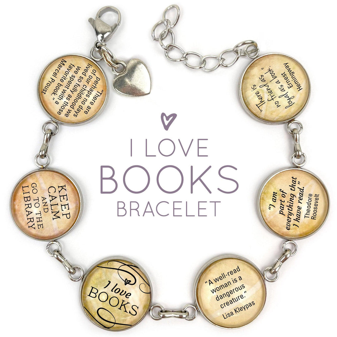 I Love Books - Glass Charm Stainless Steel Bracelet with Dangling - Brand My Case