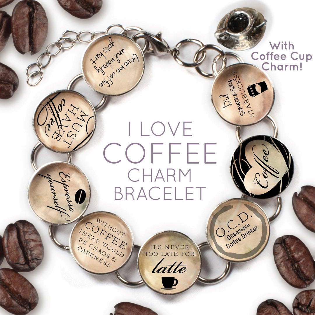 I Love Coffee - Custom Glass Charm Bracelet with Coffee Cup Charm - Brand My Case