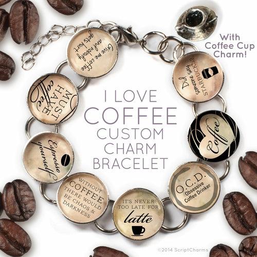 I Love Coffee - Custom Glass Charm Bracelet with Coffee Cup Charm - Brand My Case