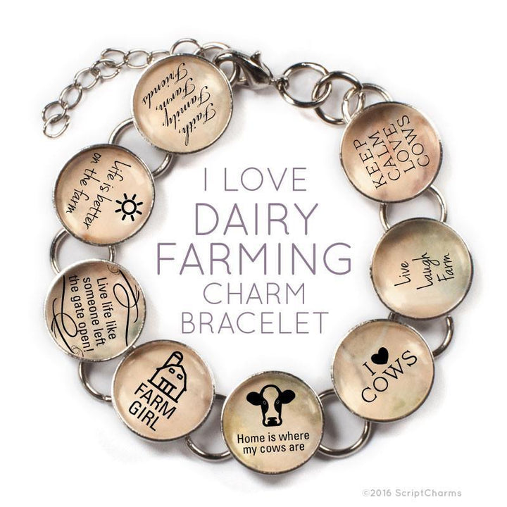 I Love Dairy Farming - Cow Glass Charm Bracelet with Heart Charm - Brand My Case