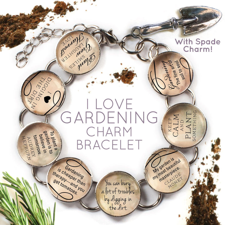 I Love Gardening - Glass Charm Bracelet with Garden Spade Charm - Brand My Case