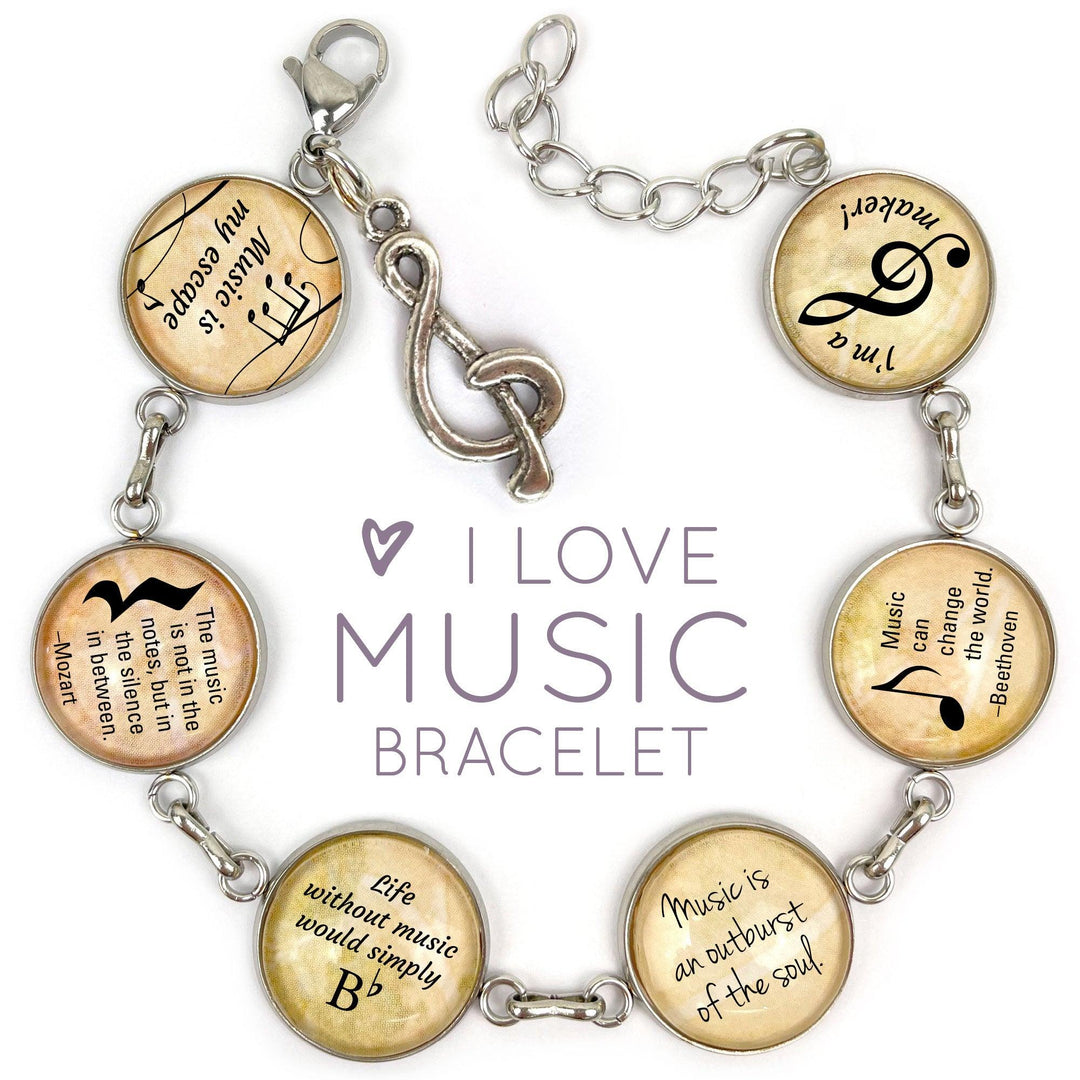 I Love Music - Glass Charm Stainless Steel Bracelet with Dangling - Brand My Case