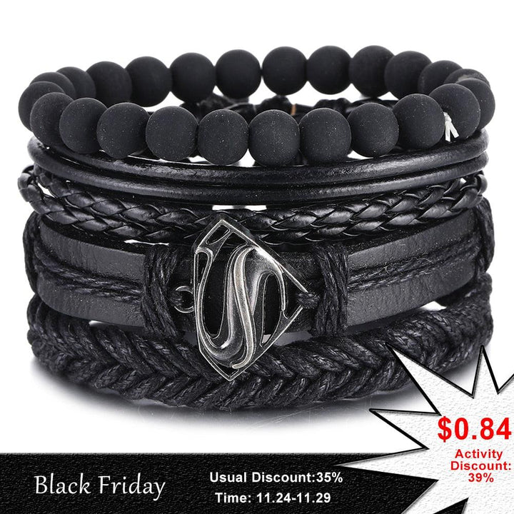IFMIA Vintage Black Bead Bracelets For Men Fashion Hollow Triangle Leather Bracelet &amp; Bangles Multilayer Wide Wrap Jewelry 2020 - Brand My Case