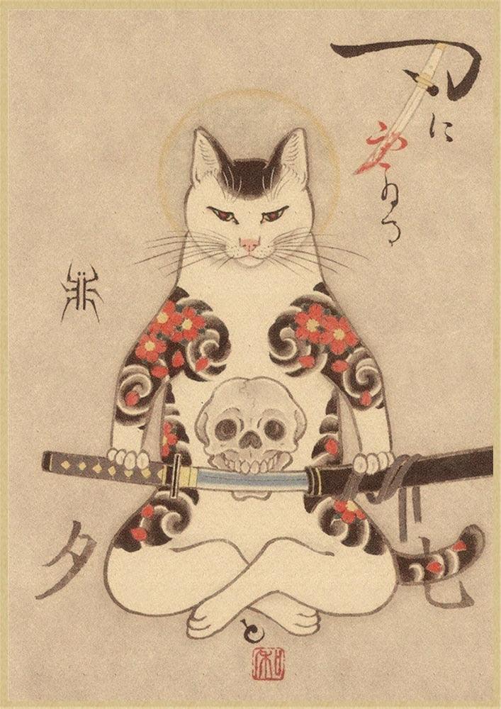 Japanese samurai cat tattoo cat vintage poster wall art sticker painting living room decoration bedroom print picture - Brand My Case