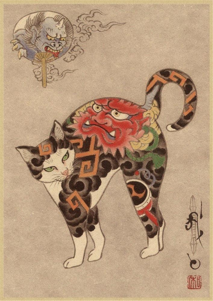 Japanese samurai cat tattoo cat vintage poster wall art sticker painting living room decoration bedroom print picture - Brand My Case