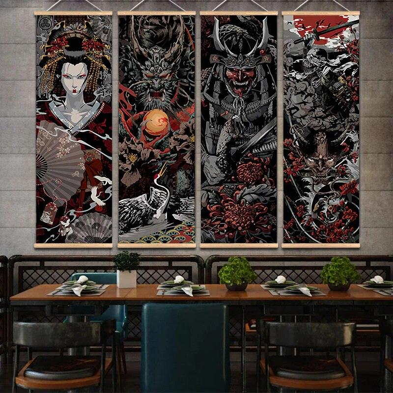 Japanese Samurai Sakuran Ukiyoe Scroll Anime Poster For Living Room Aesthetic Vintage Abstract Dark Art Warrior Canvas Painting - Brand My Case