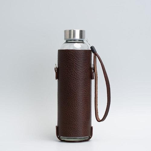 Leather water bottle holder with strap and glass bottle - Brand My Case