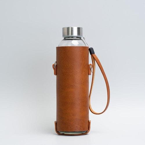 Leather water bottle holder with strap and glass bottle - Brand My Case