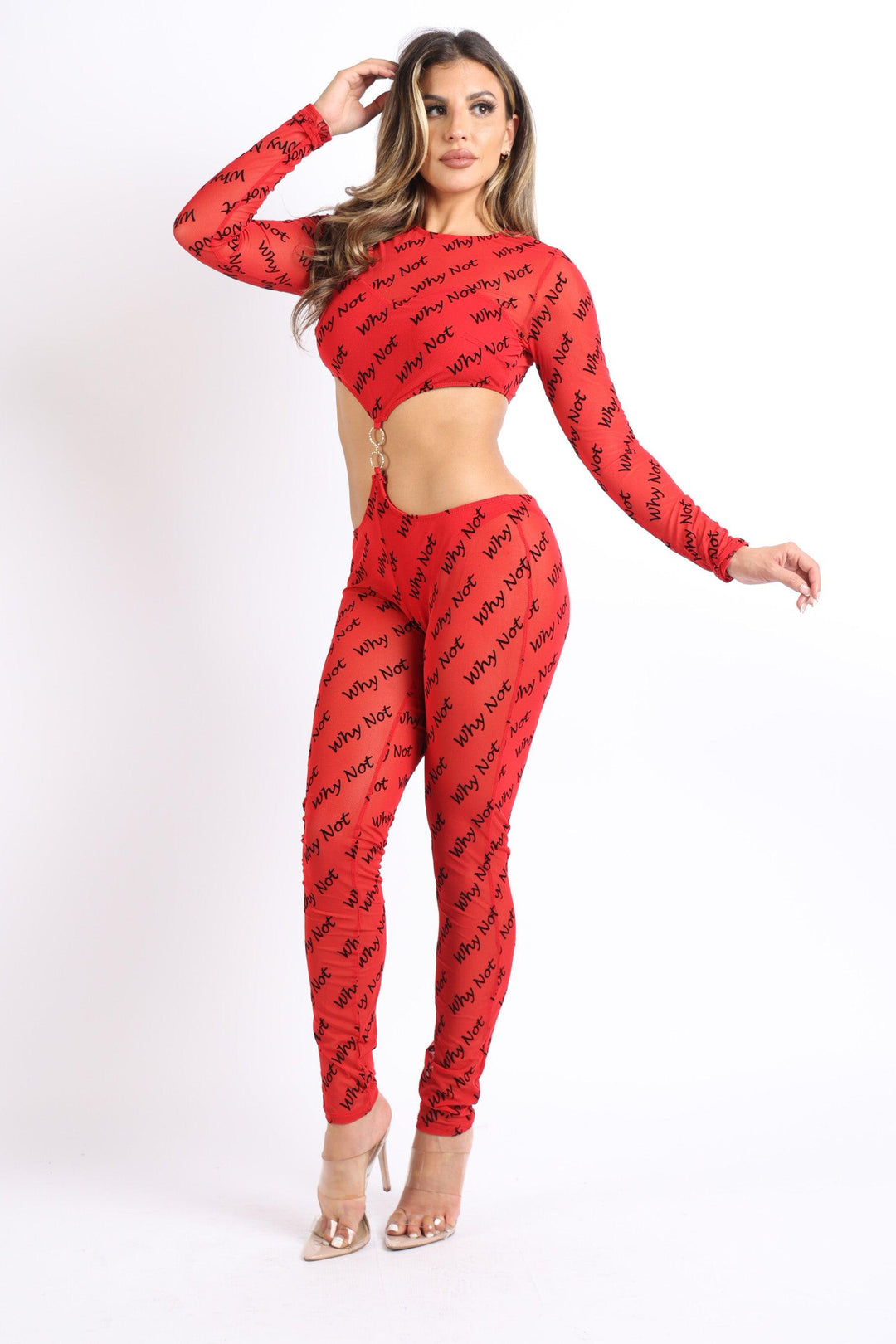 Lettering Printed Cutout Double O-Ring Mesh Sexy Jumpsuit RED - Brand My Case