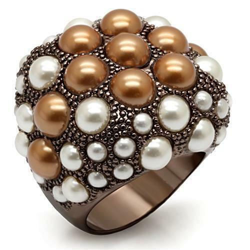 LO1662 - Chocolate Gold Brass Ring with Synthetic Pearl in Multi Color - Brand My Case