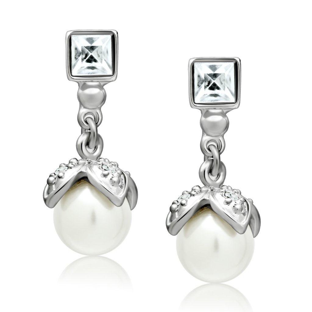 LO1973 - Rhodium White Metal Earrings with Synthetic Pearl in White - Brand My Case