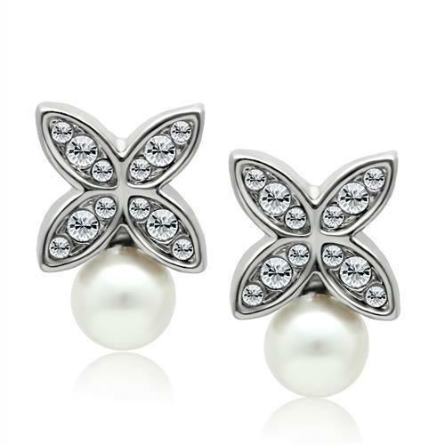 LO1987 - Rhodium White Metal Earrings with Synthetic Pearl in White - Brand My Case