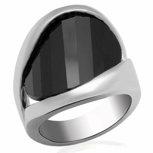 LO2063 - Rhodium Brass Ring with AAA Grade CZ in Jet - Brand My Case