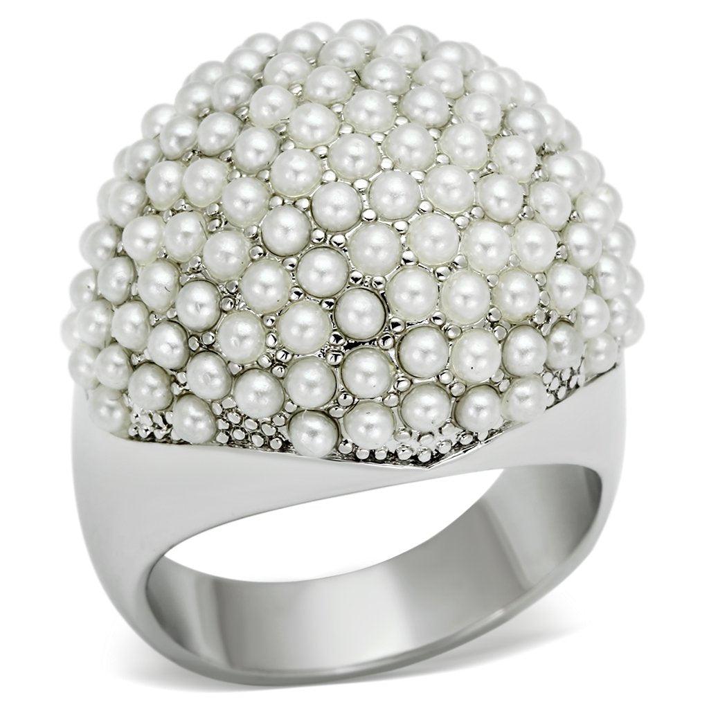LO2433 - Rhodium Brass Ring with Synthetic Pearl in White - Brand My Case