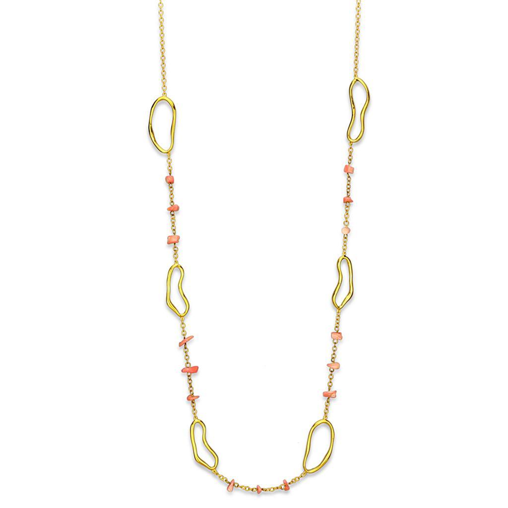 LO3340 - Gold Brass Necklace with Semi-Precious Coral in Rose - Brand My Case