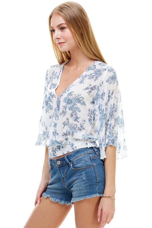 LONG SLEEVE SURPLICE FLORAL TOP - Brand My Case
