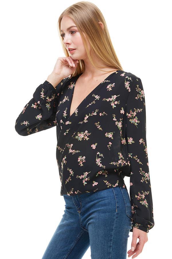 Long Sleeve Surplice Floral Top - Brand My Case