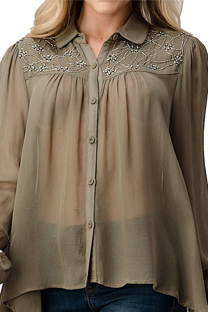 Mesh Blouse Shirt Top With Beaded Jewel Trim - Brand My Case