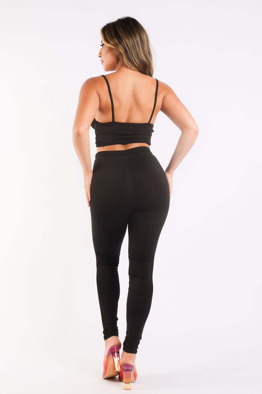 Mesh Contrast Sets Casual Sports Strappy Sleeve Top & Leggings BLACK - Brand My Case