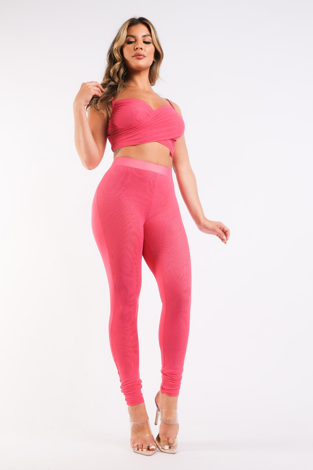 Mesh Contrast Sets Casual Sports Strappy Sleeve Top & Leggings FUCHSIA - Brand My Case