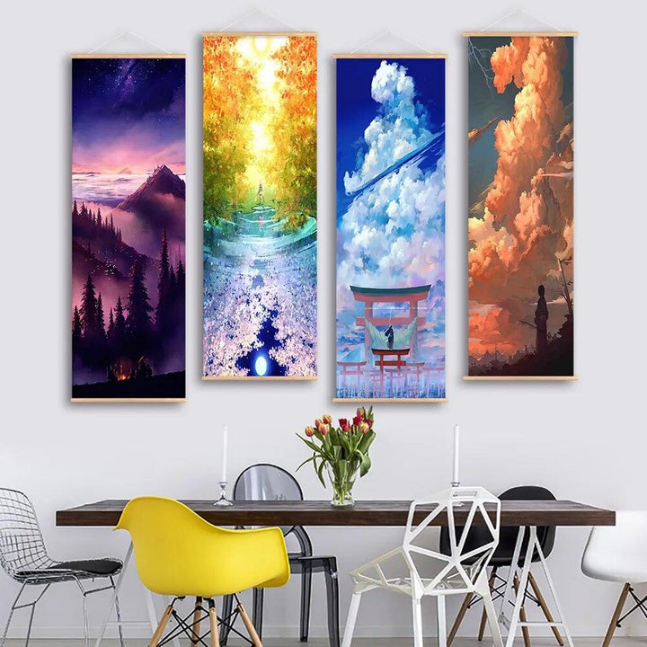 Nordic Style Cartoon Scroll Canvas Painting With Wooden Hanger Canvas Wall Art Anime Poster Clouds Forest Wall Scroll Picture - Brand My Case