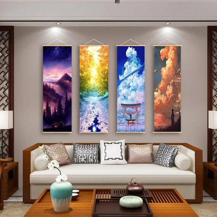 Nordic Style Cartoon Scroll Canvas Painting With Wooden Hanger Canvas Wall Art Anime Poster Clouds Forest Wall Scroll Picture - Brand My Case