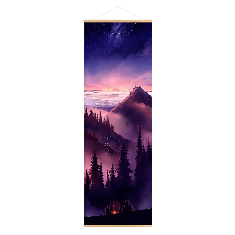 Nordic Style Cartoon Scroll Canvas Painting With Wooden Hanger Canvas Wall Art Anime Poster Clouds Forest Wall Scroll Picture - Brand My Case