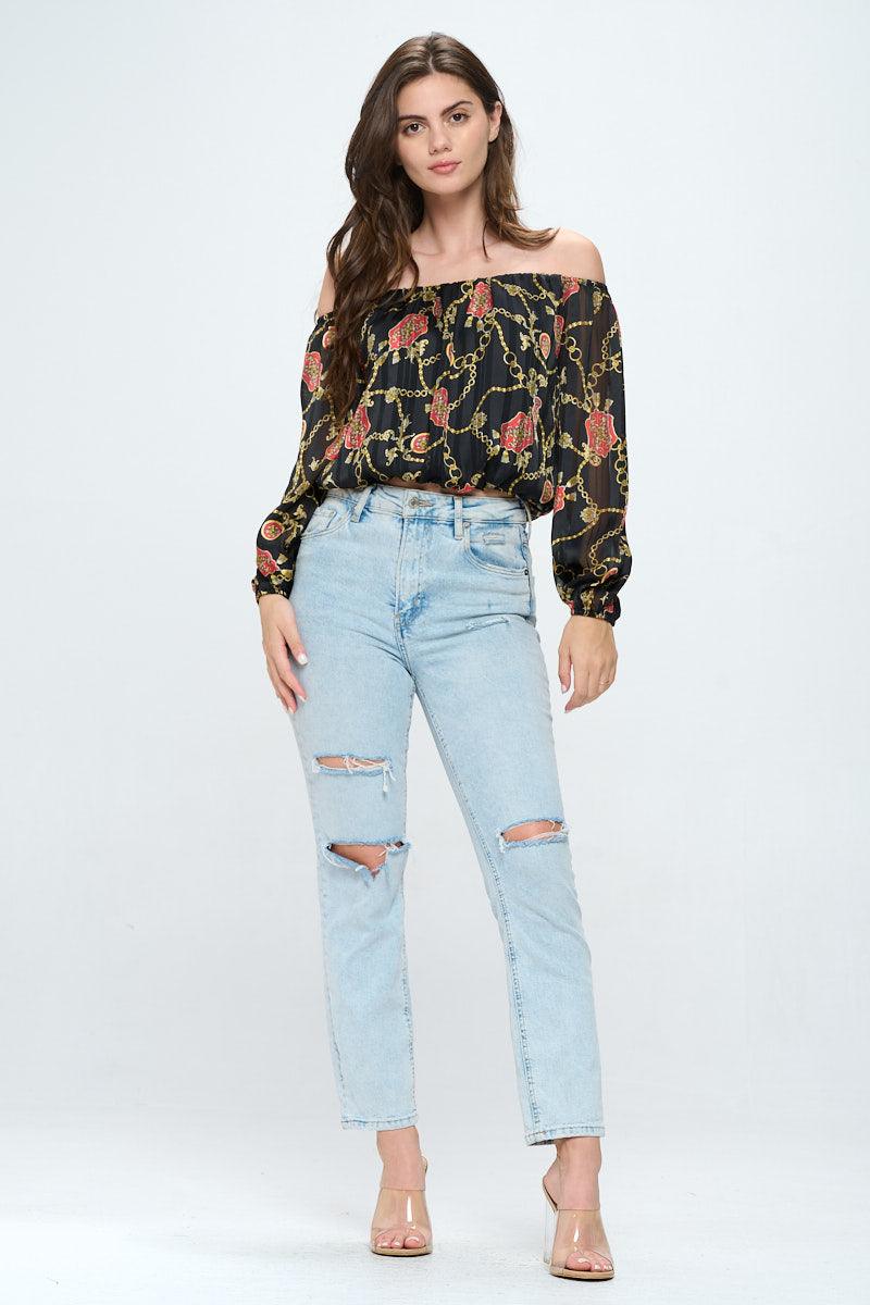 Off-shoulder long-sleeve chain blouse - Brand My Case