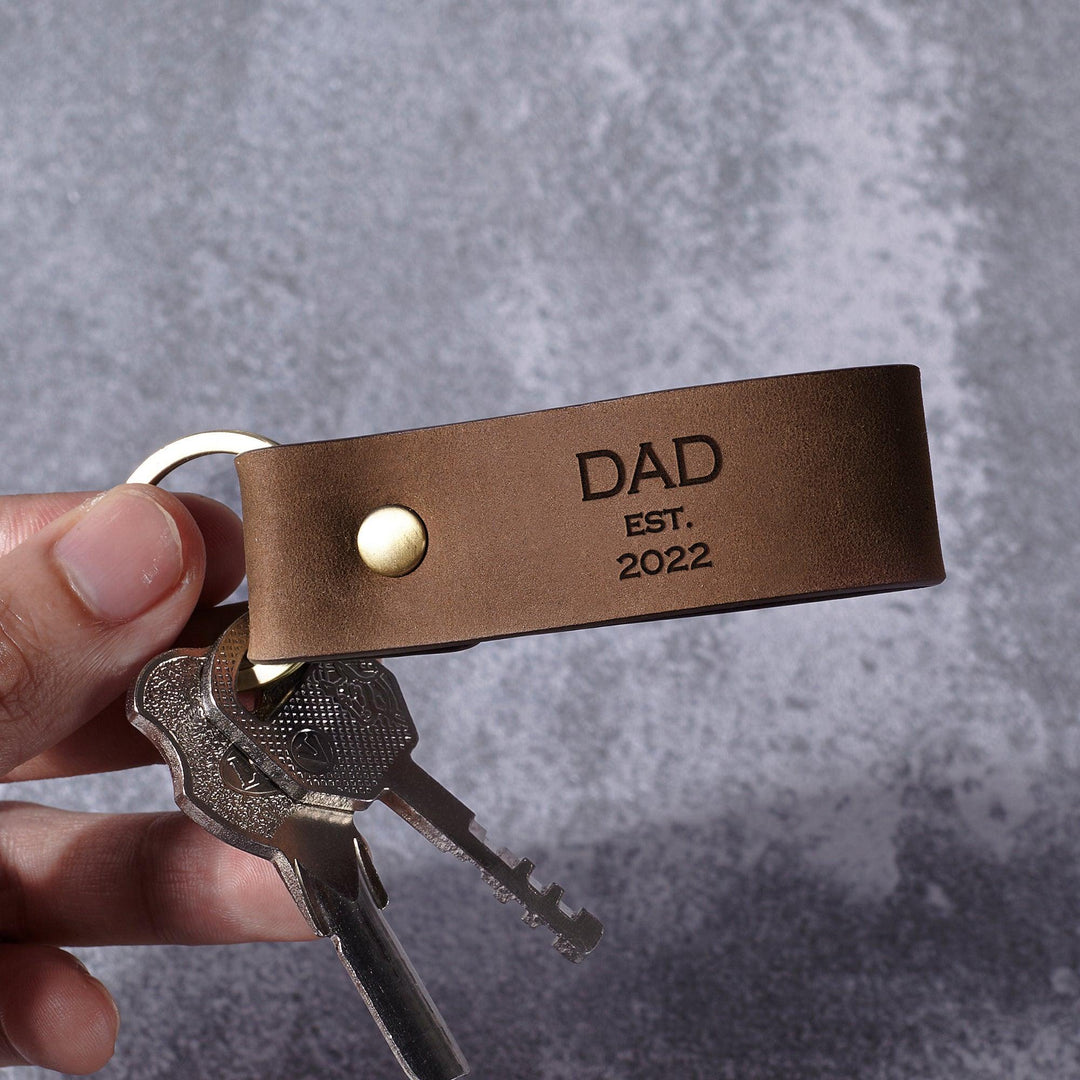 Personalized Dad EST Leather Keychain, New Dad Birthday Gift from Wife - Brand My Case