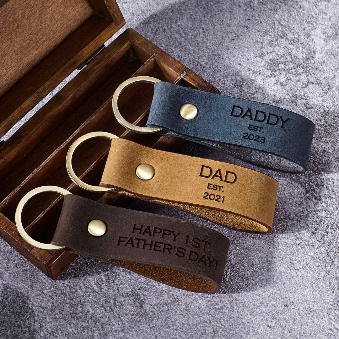 Personalized Dad EST Leather Keychain, New Dad Birthday Gift from Wife - Brand My Case