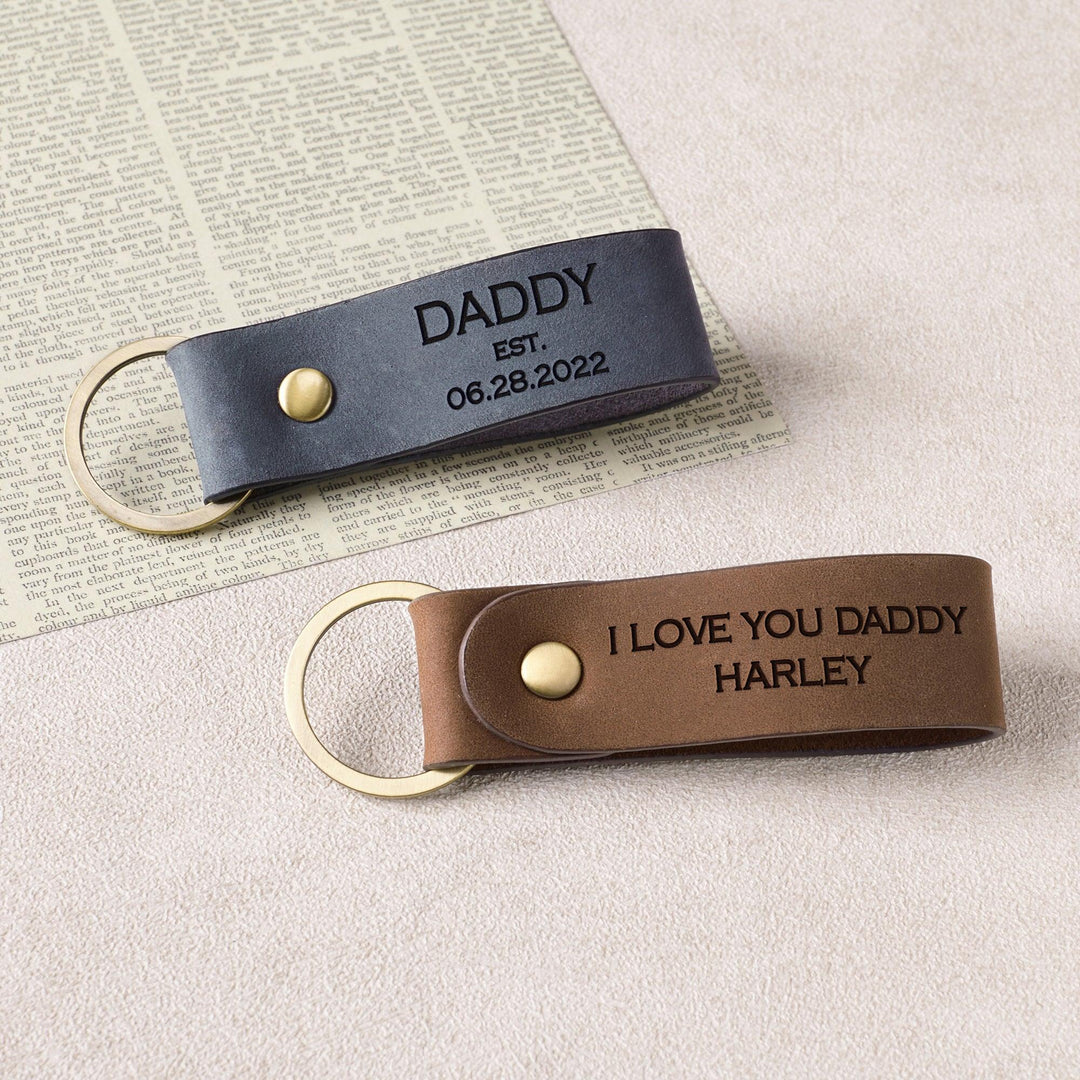 Personalized Dad EST Leather Keychain, New Dad Birthday Gift from Wife - Brand My Case