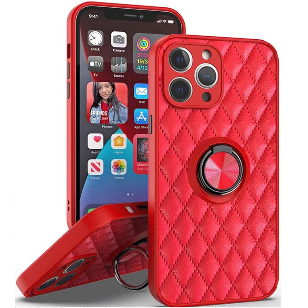 Quilted PU Leather Shockproof Ring Stand Case for iPhone 13 Pro Max - Brand My Case