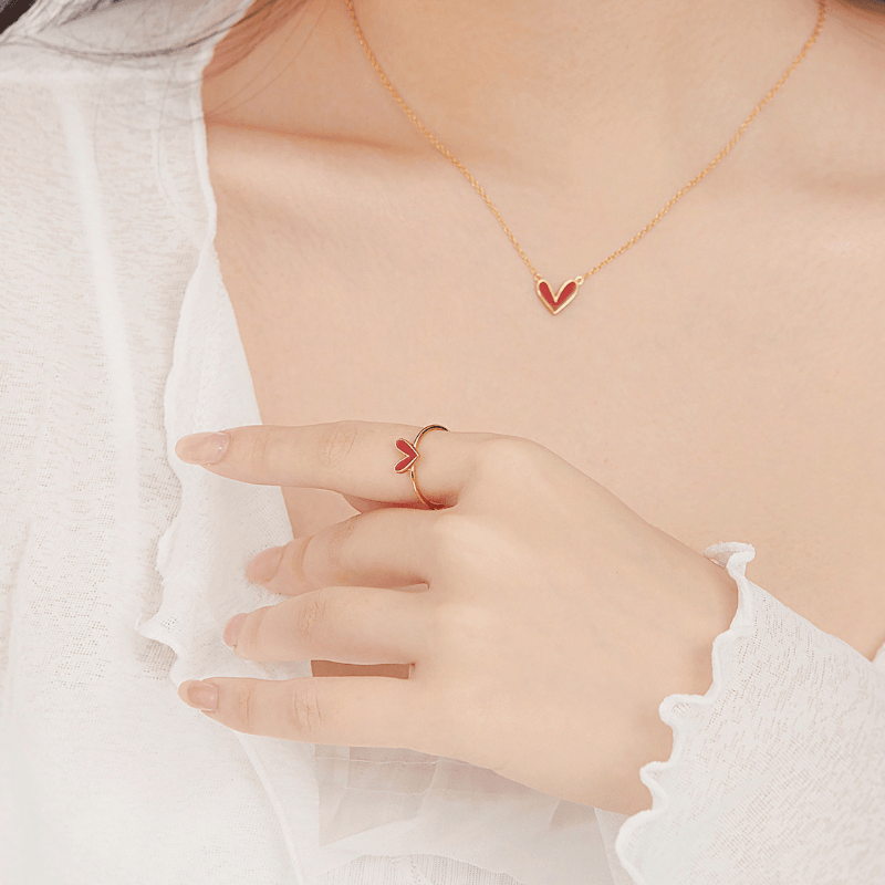 Red Enamel Heart Ring, Gold Heart Ring, Enamel Heart Jewelry - Brand My Case