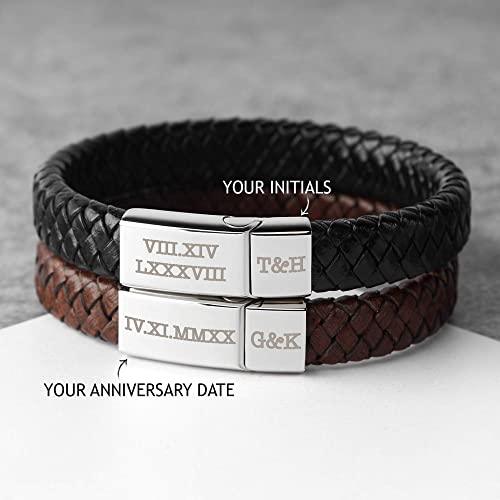 Roman Numerals Engraved Mens Bracelet, Woven Braided Leather Bracelet - Brand My Case