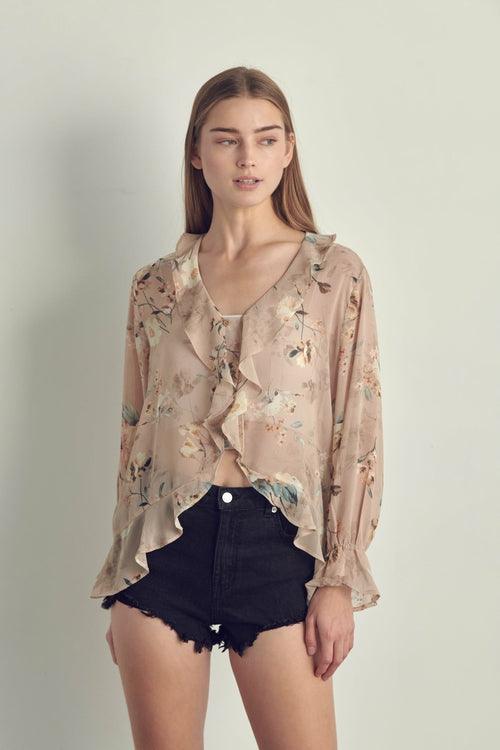 Ruffle detail long sleeve in chiffon floral print - Brand My Case