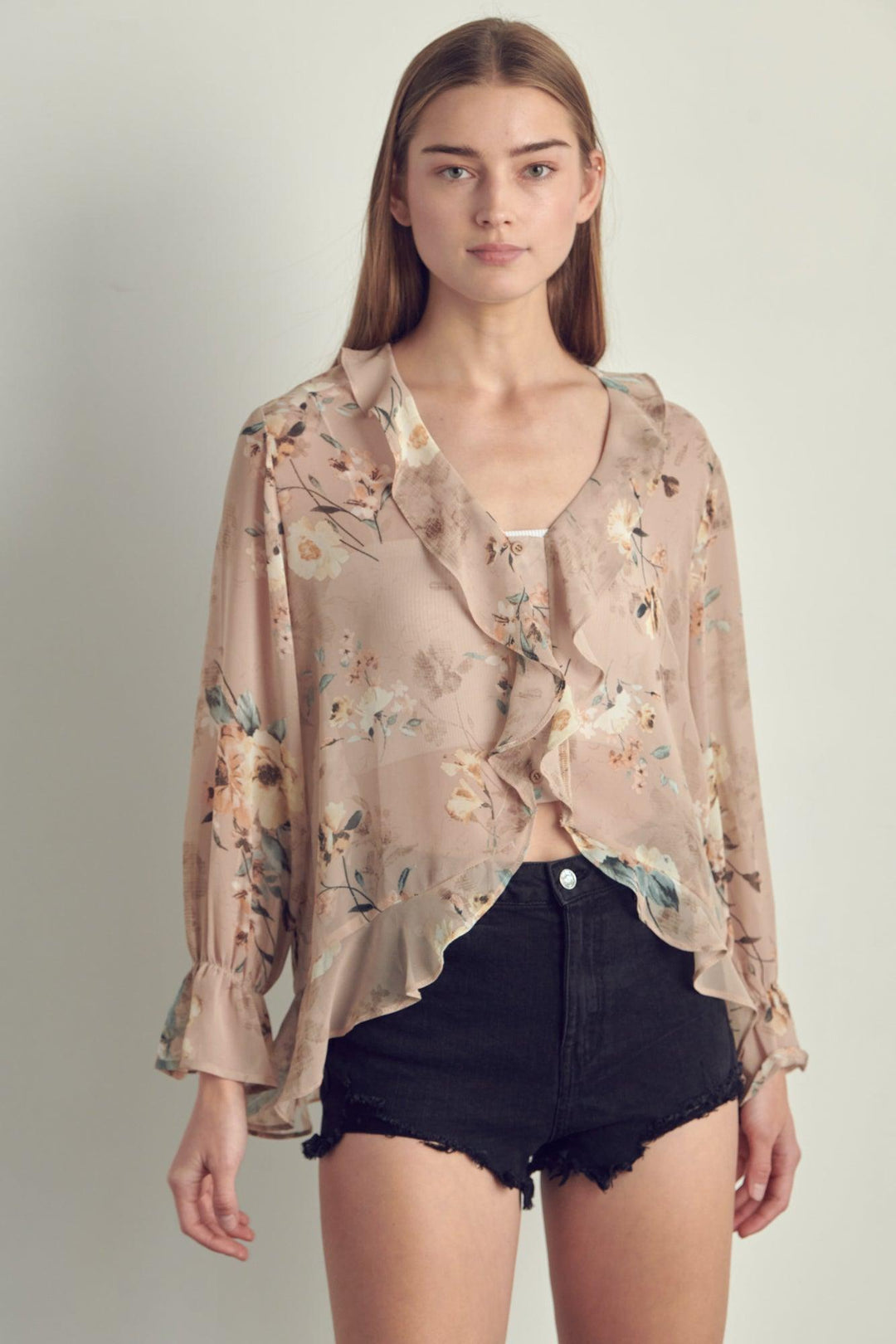 Ruffle detail long sleeve in chiffon floral print - Brand My Case