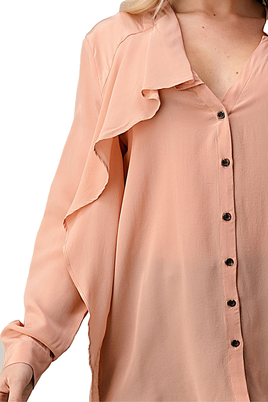 Ruffled Neck Button Front Shirts With Long Sleeves - Brand My Case