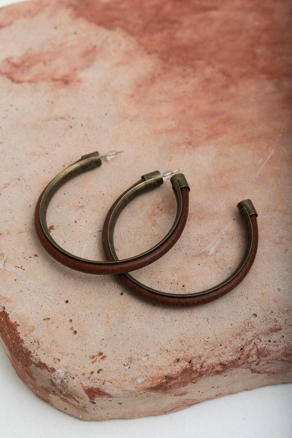 Rustic Charm Leather & Brass Hoop Earrings - Brand My Case