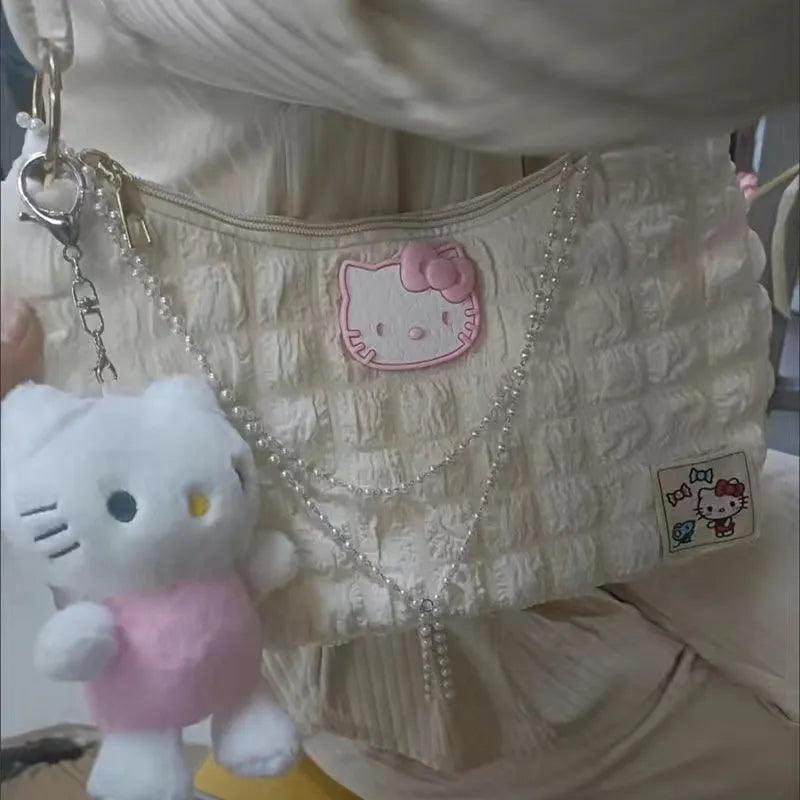 Sanrio Hello Kitty Contrast Color Shoulder Bag Pearl Chain Handbag Fashion Underarm Bag Girl Tote Bag - Brand My Case