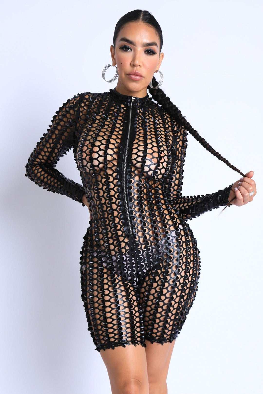 Sexy Club Outfit Romper Long Sleeve Cutting Mesh Bodysuit BLACK - Brand My Case